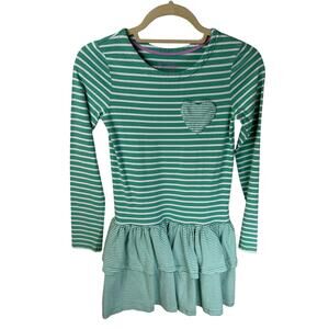 Mini Boden | Striped Jersey Dress Green/Ivory Heart Pocket + Tiered Skirt 11-12Y